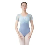 BDFJEDS Maillot Ballet Mujer Mallas De Ballet For Mujer, Baile Nailon Con Pliegues Y Mangas Cortas, For Adultos, Gimnasia Dos Piezas(Grey and Blue,XXL 175cm to 180cm)
