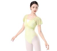 BDFJEDS Maillot Ballet Mujer Mallas De Ballet For Mujer, Baile Nailon Con Pliegues Y Mangas Cortas, For Adultos, Gimnasia Dos Piezas(Light yellow,M 160cm to 165cm)