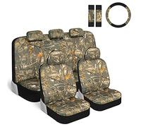 BDK Hunter - Juego completo de fundas de asiento de coche con funda para volante y almohadillas para cinturón de seguridad, patrón de camuflaje de bosque de roble musgoso, funda de asiento delantero y