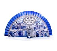 BDM - Abanico de Mano Toledo | Diseño: Azulejo Azul y monumentos | Recuerdo de España (Alcázar, Catedral y Tajo) | Abanico Plegable - Modelo 2