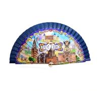 BDM - Abanico de Mano Toledo | Diseño: Azulejo Azul y monumentos | Recuerdo de España (Alcázar, Catedral y Tajo) | Abanico Plegable - Modelo 1