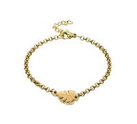BDM Pulsera de joyeria fina, pulsera de acero, brazalete dorado con una hoja y cadena de eslabones, ajustable con enganche a distintas medidas.