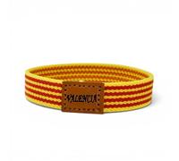 BDM Pulsera de Tela Elástica Bandera de Valencia | Diseño Senyera Coronada para Hombre y Mujer | Ajustable 18-20cm | Accesorio Valenciano con Escudo y Etiqueta de Cuero | Regalo Original