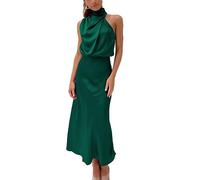 BDSCZW Vestido elegante de mujer en satén, sin mangas, con cintura alta, para matrimonio, formal, para cóctel, para fiestas, verde oscuro, M