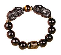 BDSHGRDH Pulsera de obsidiana negra natural con piedra de ojo de tigre, doble Pixiu, suerte, valientes tropas, mujeres y hombres.