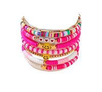 BDSHGRDH pulseras de cuentas， Pulsera apilable de arcilla colorida con forma surfista, sonrisa feliz, mal ojo, bohemia, multicolor, bolas doradas, joyería elástica(Pink)