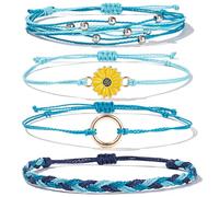 BDSHGRDH pulseras de cuentas， Pulsera trenzada de crisantemo impermeable con cuerda bohemia ajustable for surfear en la playa, 4 unidades(Blue)