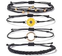 BDSHGRDH pulseras de cuentas， Pulsera trenzada de crisantemo impermeable con cuerda bohemia ajustable for surfear en la playa, 4 unidades(Black)