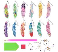 BDSHUNBF Diamond Painting, 12 Piezas 5D Pintura Diamantes, Marcapáginas de Pintura de Diamantes con Forma de Pluma, DIY Bookmark Manualidades para Niñas y Niños para Regalos Cumpleaños Arte Pegatinas