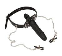 BDSM mordaza pene con pinzas para pezones - arnés ajustable con dildo doble, set bondage erótico con cadena metálica, accesorios para juegos de rol, parejas y momentos intensos
