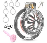 BDSMJOY Jaula de castidad mini con 6 anillos y dilatador uretral Hombre (Transparente)