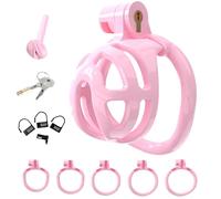 BDSMLOVE Jaula de castidad plana para hombre con 5 anillos testiculares, jaula para el pene, juguete sexual BDSM, jaula para el pene, jaula para esclavos con dilatador uretral (Rosa)