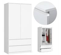 BDW Armario 2 puertas, 4 estantes, perchero, 2 cajones, perchero, armario de cajones, armario para dormitorio, sala de estar, 180x90x51cm, color blanco