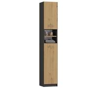 BDW - Armario alto para cuarto de baño Marbela - Armario alto de 180 x 32 x 30 cm - Con puertas y estante abierto, lado de apertura de puerta seleccionable (antracita/roble Artisan)