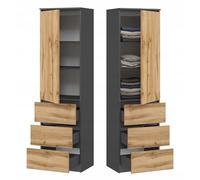 BDW - Armario con cajones - 3 cajones y estantes - Mueble de Almacenamiento de 50cm de Ancho, 180,5cm de Alto y 40cm de Profundidad - Grafito/Roble Wotan