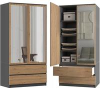 BDW Armario con espejo, 90 x 180 x 50 cm, 2 cajones, 4 estantes, ideal para un dormitorio, pasillo, habitación infantil u oficina, perchero, perchero (antracita/roble Artisan)