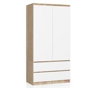 BDW Armario de 2 puertas, 4 estantes, perchero, 2 cajones, perchero, armario con cajones, armario para dormitorio, sala de estar, 180 x 90 x 51 cm, (roble Sonoma/blanco)
