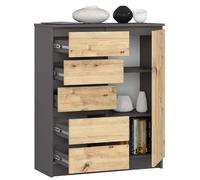 BDW - Cajonera con 5 cajones y 1 Puerta - 80 cm de Ancho, 97 cm de Alto - Armario, aparador, Multiusos, Zapatero, cajonera con cajones, archivador - salón, Dormitorio, Pasillo (Gris/Roble Artisan)