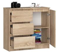 BDW - Cómoda con 3 Cajones y 1 Puerta - 80cm de Ancho, 77cm de Alto - Armario, Aparador, Multiusos, Zapatero, Cómoda, Archivador - Salón, Dormitorio, Pasillo - Roble Sonoma
