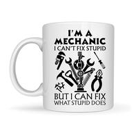 Be Buz Divertida taza de café con diseño de mecánico con texto en inglés "I Can't Fix Stupid But I Can Fix What Stupid Does 325 ml, taza de té de cerámica blanca, regalo de reparador para taller de