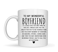 Be Buz Taza de café con mensaje romántico con texto en inglés "To My Wonderful Boyfriend", taza de cerámica blanca de 325 ml, regalo emocional de cumpleaños, aniversario, San Valentín para él