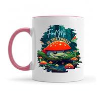 Be Buz Taza de té de cerámica con diseño de rana y hongos, con texto en inglés "Find Me in The Forest", diseño de bosque y naturaleza, 325 ml (borde y asa rosas)