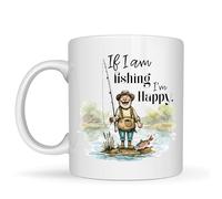 Be Buz Taza divertida con texto en inglés "If I Am Fishing I'm Happy" - Taza de café de cerámica blanca de 11 onzas, regalo para pescador, pescador, papá, abuelo