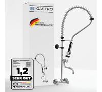 BE-GASTRO I Grifo Industrial Hostelería - Grifo de cocina con dos orificios (incluye grifo, grifo mezclador y mango ergonómico de palanca I Ducha gastronómica con accesorios, grifo de pared