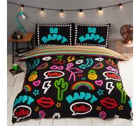 Be Happy Neón Funda de Almohada y Edredón Individual Juego Negro Cama Nuevo