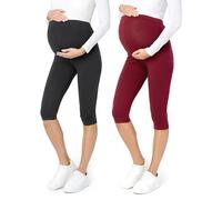 Be Mammy Leggins Premamá 3/4 para Mujer Embarazada Mallas Capri Maternidad Leggings Pirata Lactancia Ropa Deportiva Embarazo 2Pack BE20-229 (2Pack Negro/Burdeos, XL)