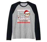 Be Nice To Me I Know Santa Pit Bull Dog Christmas Xmas Camiseta Manga Raglan
