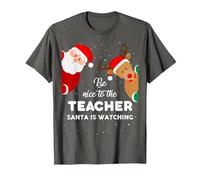 Be Nice To The Teacher Santa Is Watching Camiseta de Navidad Lindo Camiseta, Hombre, Asfalto, XL