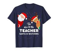 Be Nice To The Teacher Santa Is Watching Camiseta de Navidad Lindo Camiseta, Hombre, Azul Marino, M