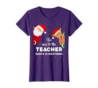 Be Nice To The Teacher Santa Is Watching Camiseta de Navidad Lindo Camiseta, Mujer, Morado, 3XL