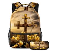 Be Ready for Anything, mochila con estuche para lápices, juego de mochila escolar definitiva para niños, niñas y adolescentes, cruz amarilla de Pascua, multicolor, B：29.4x20x40cm P：19x7.5x3.8cm,