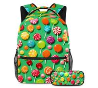 Be Ready for Anything, mochila con estuche para lápices, juego de mochila escolar definitiva para niños, niñas y adolescentes, patrón de caramelo verde, multicolor, B：29.4x20x40cm P：19x7.5x3.8cm,