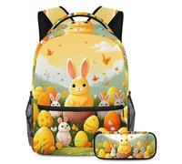 Be Ready for Anything, mochila con estuche para lápices, juego de mochila escolar para niños, niñas y adolescentes, huevo de conejo de Pascua amarillo, multicolor, B：29.4x20x40cm P：19x7.5x3.8cm,