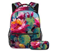 Be The Talk of The School - Juego de 2 mochilas escolares, mochila de gran capacidad y estuche para lápices, flores de cactus rosas, multicolor, B：29.4x20x40cm P：19x7.5x3.8cm, Mochilas de día
