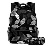 Be The Talk of The School - Juego de 2 mochilas escolares, mochila de gran capacidad y estuche para lápices, patrón de hojas negras, multicolor, B：29.4x20x40cm P：19x7.5x3.8cm, Mochilas de día