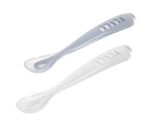 BÉABA Cucharas de Aprendizaje para Bebe, Silicona Suave, Juego de 2, Con estuche para guardarlas, Primera Edad, Ergonómica, Azul