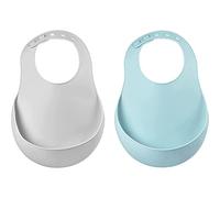 BÉABA Juego 2 Baberos Bebé Silicona Impermeable, Ajustable Cuello, Gran Bolsillo Recogedor Restos Comida, Flexible, Ligero, Ultrasuave, Fácil de limpiar, Light mist/Airy green