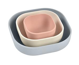 BÉABA, Juego de 3 Cuencos de Silicona, Set de Comida para Bebé, Vajilla Infantil Ergonómica y Evolutiva, Material Sano y Duradero (Gris terciopelo/Algodón/Rosa polvo)