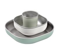Béaba Juego de Comida Bebé de Acero Inoxidable, 3 Piezas, Vaso y 2 Platos, Apto para Microondas y Lavavajillas, Sano, Resistente, Ligero, Irrompible, Antideslizante con Tapa de Silicona, Verde Salvia