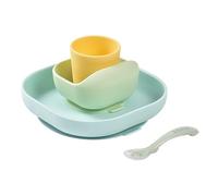 BÉABA Juego de Vajilla en Silicona Infantil, Ventosa resistente, Set de 4 Piezas para bebé, Plato + Bol + Taza + Cuchara, Accesorios para el Aprendizaje de bebé, Amarillo