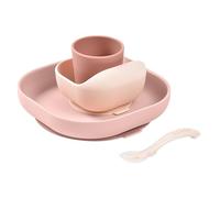 BÉABA Juego de Vajilla en Silicona Infantil, Ventosa resistente, Set de 4 Piezas para bebé, Plato + Bol + Taza + Cuchara, Accesorios para el Aprendizaje de bebé, Rosa