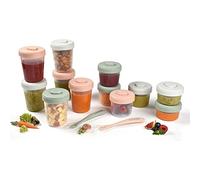 BÉABA Lote de 12 Tarros de Conservación y 2 Cucharas de aprendizaje en Silicona, Botes Encajables, 100% Herméticos, Congelación, Leche Materna, 2 x 90 ml + 4 x 150 ml + 6 x 250 ml, Verde (Eucalyptus)