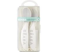 BÉABA Lote de 2 Cubiertos Ergonómicos de Aprendizaje Segunda edad, A partir de 8 meses, Fácil Manejo para Bebé, Apto para Diestros y Zurdos, Caja de Transporte Incluida, gris