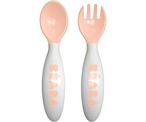 BÉABA, Lote de 2 Cubiertos Ergonómicos de Aprendizaje Segunda edad, A partir de 8 meses, Fácil Manejo para Bebé, Apto para Diestros y Zurdos, Caja de Transporte Incluida, Rosa