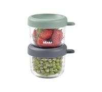 BÉABA, Lote de 2 Tarros de Conservación para Bebé, Porciones en Cristal, Resistente al calor, Recipientes para guardar la comida de Bebé, Con indicador de cantidad, 150 ml, Verde salvia/Mineral