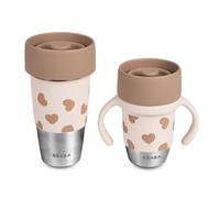 BÉABA Mini & Me, Set Botella Térmica y Taza de Aprendizaje de Acero Inoxidable Click & Drink, Dúo Padre-Hijo, Taza 360° Sin Válvula, Antifugas, Evolutiva, 480 mL y 240 ml, Big Love